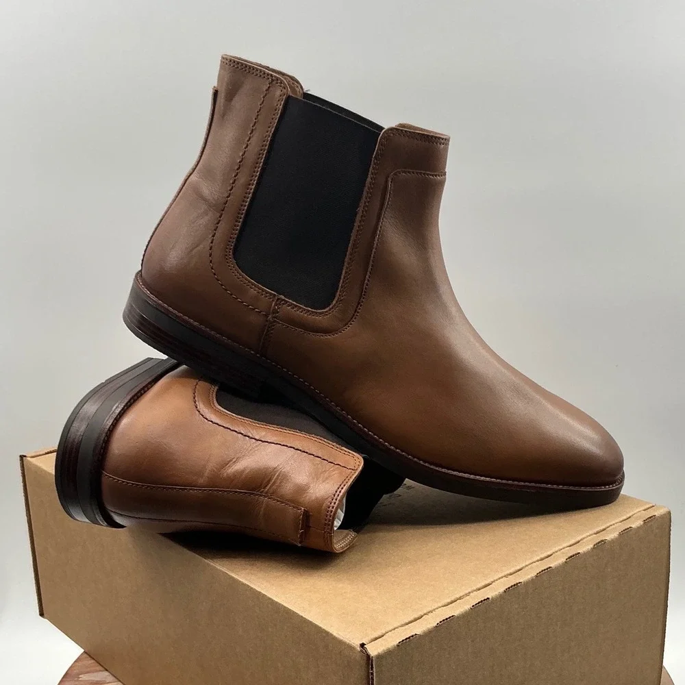 Johnston & Murphy Mens Tan Leather Chelsea Boots Burnished Almond Toe Pull On